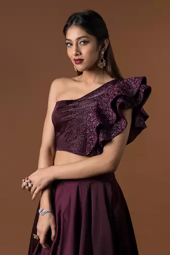 Wine Ruffle Sleeves Crop Top & Layered Lehenga Set