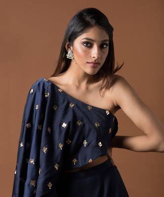 Navy Blue Cape Top And Lehenga Set 2