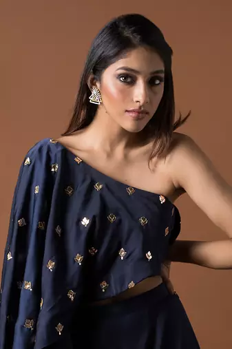 Navy Blue Cape Top And Lehenga Set
