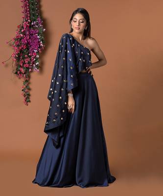 Navy Blue Cape Top And Lehenga Set 1