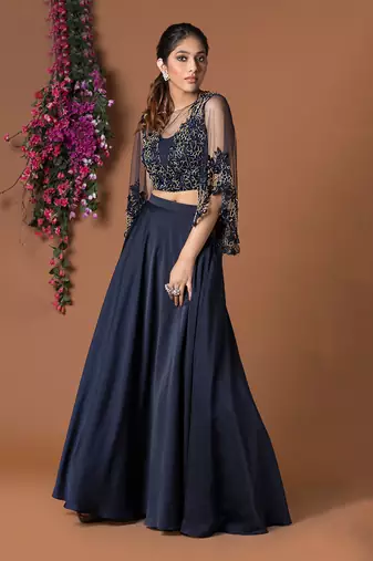 Navy Blue Lehenga Crop Top Set