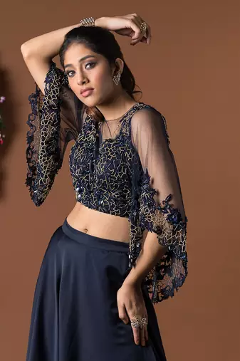 Navy Blue Lehenga Crop Top Set