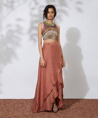 Burnt Orange Skirt With Embroidered Crop Top 1