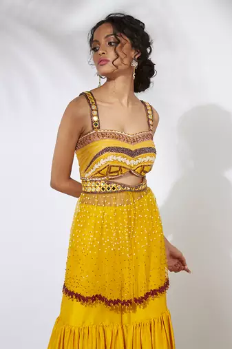 Yellow Sharara With Embroidered Bustier Choli