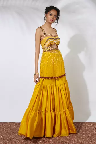 Yellow Sharara With Embroidered Bustier Choli
