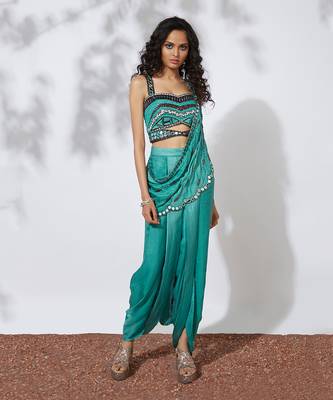 Aqua Dhoti Pants Sari With Embroidered Choli 1