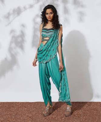 Aqua Dhoti Pants Sari With Embroidered Choli 2