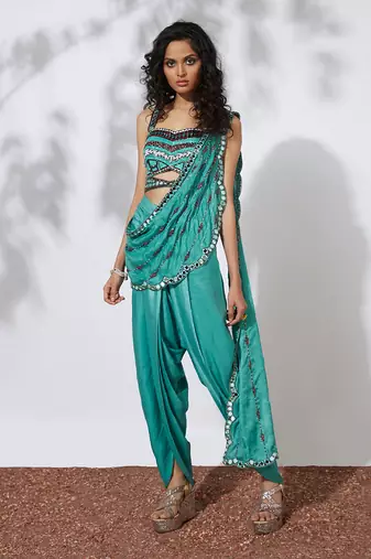 Aqua Dhoti Pants Sari With Embroidered Choli