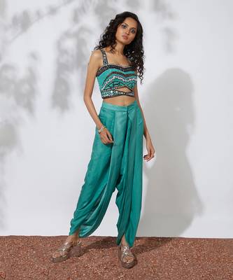 Aqua Dhoti Pants Sari With Embroidered Choli 3