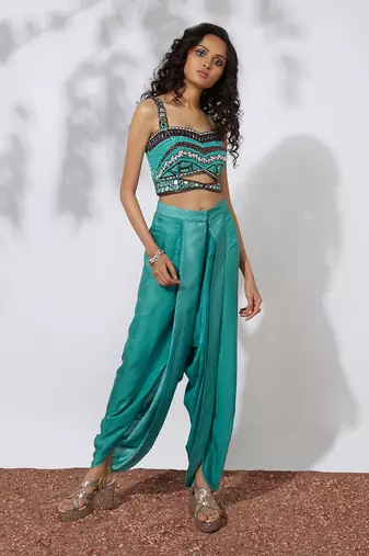 Aqua Dhoti Pants Sari With Embroidered Choli