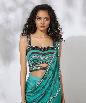 Aqua Dhoti Pants Sari With Embroidered Choli 4