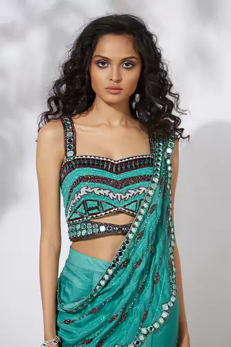 Aqua Dhoti Pants Sari With Embroidered Choli