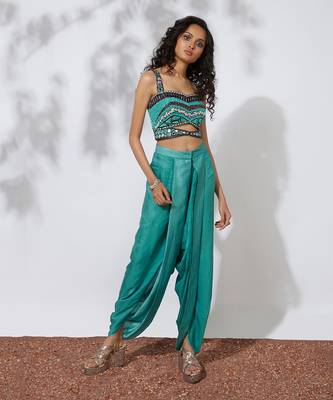 Aqua Dhoti Pants With Embroidered Choli & Net Cape 2