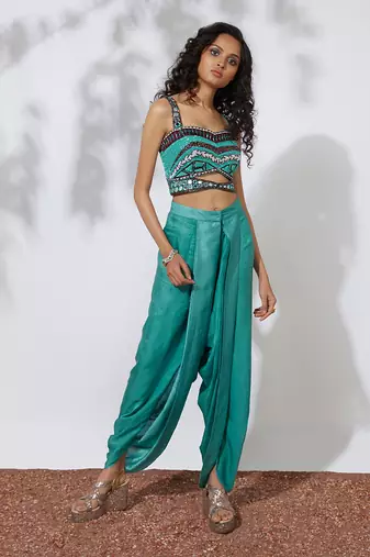 Aqua Dhoti Pants With Embroidered Choli & Net Cape