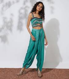 Aqua Dhoti Pants With Embroidered Choli & Net Cape