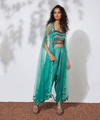 Aqua Dhoti Pants With Embroidered Choli & Net Cape 3