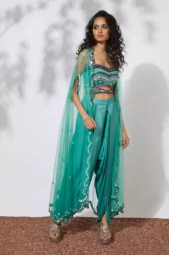 Aqua Dhoti Pants With Embroidered Choli & Net Cape
