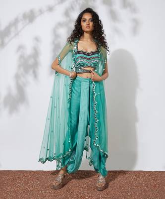 Aqua Dhoti Pants With Embroidered Choli & Net Cape 1