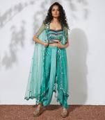 Aqua Dhoti Pants With Embroidered Choli & Net Cape