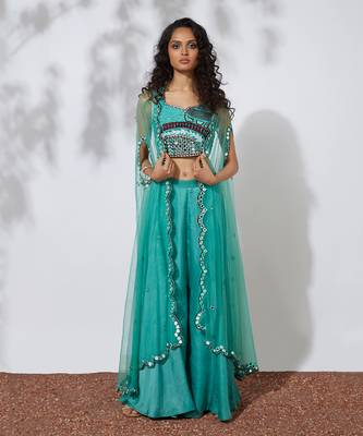 Aqua Pallazo Pants With Embroidered Choli & Net Cape 1