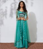 Aqua Pallazo Pants With Embroidered Choli & Net Cape