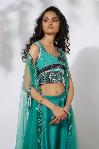Aqua Pallazo Pants With Embroidered Choli & Net Cape