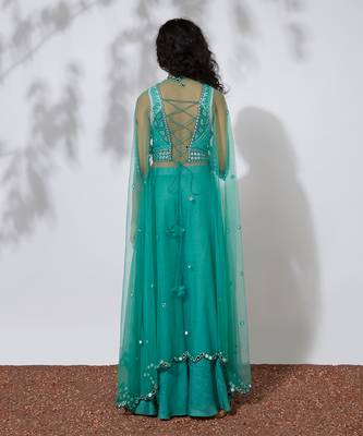 Aqua Pallazo Pants With Embroidered Choli & Net Cape 3