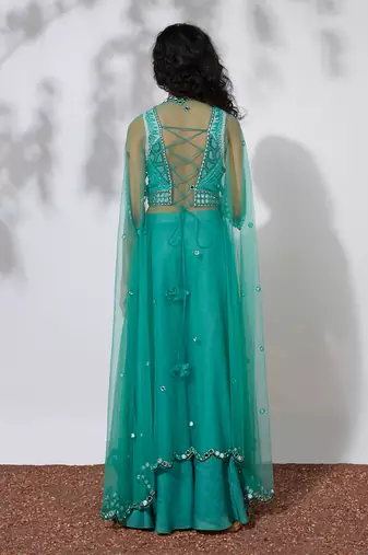Aqua Pallazo Pants With Embroidered Choli & Net Cape