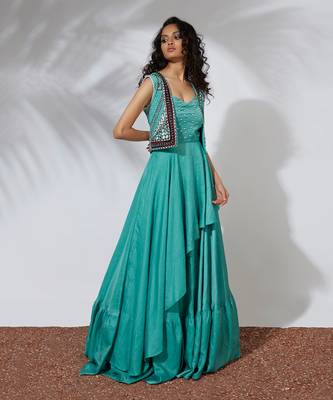 Aqua Asymmetrical Gown With Embroidered Crop Jacket 1