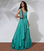 Aqua Asymmetrical Gown With Embroidered Crop Jacket