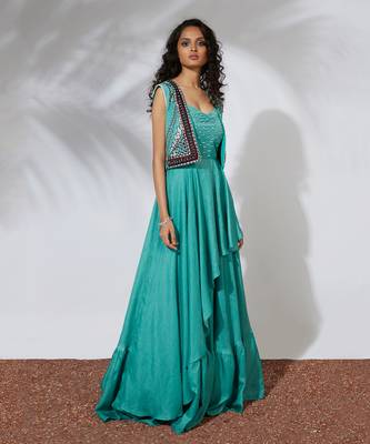 Aqua Asymmetrical Gown With Embroidered Crop Jacket 2