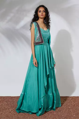 Aqua Asymmetrical Gown With Embroidered Crop Jacket