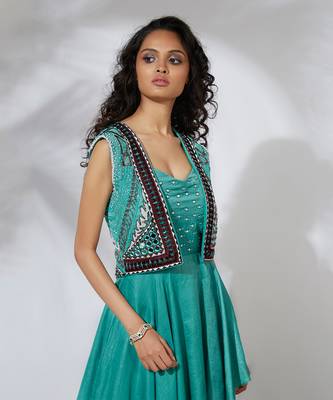 Aqua Asymmetrical Gown With Embroidered Crop Jacket 3