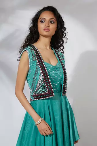 Aqua Asymmetrical Gown With Embroidered Crop Jacket