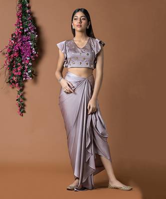 Coffee Draped Skirt & Crop Top Set 1
