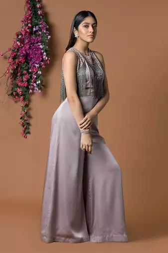 Coffee Jumpsuit With Hanging Chains Embroidery