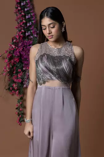 Coffee Jumpsuit With Hanging Chains Embroidery