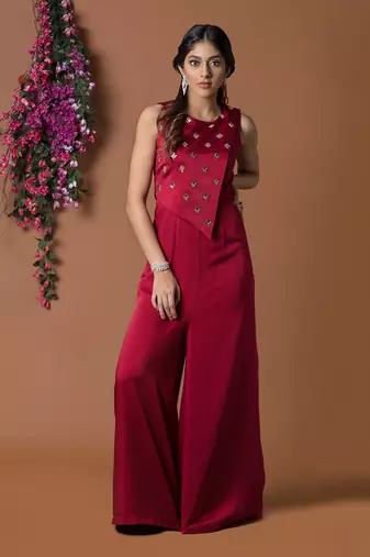 Red Asymmetric Overlay Jumpsuit