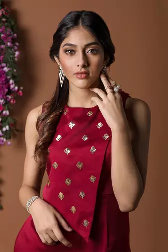 Red Asymmetric Overlay Jumpsuit
