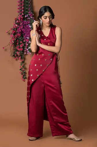 Red Overlap Kurta & Pants Set