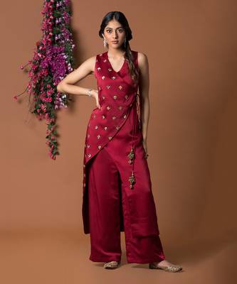 Red Overlap Kurta & Pants Set 1
