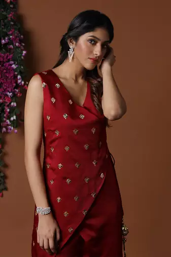 Red Overlap Kurta & Pants Set