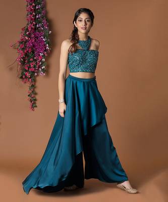 Teal Draped Pants & Crop Top Set 1