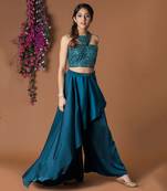 Teal Draped Pants & Crop Top Set