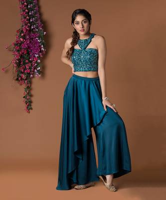 Teal Draped Pants & Crop Top Set 2