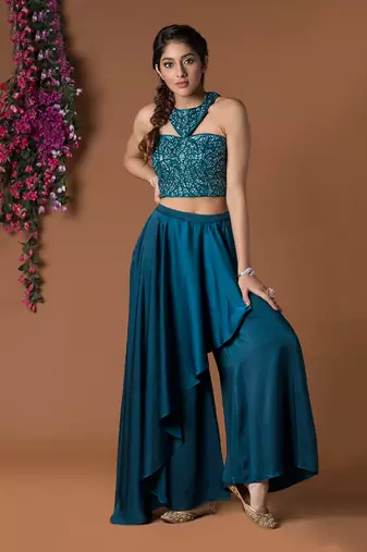 Teal Draped Pants & Crop Top Set