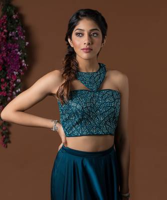 Teal Draped Pants & Crop Top Set 3