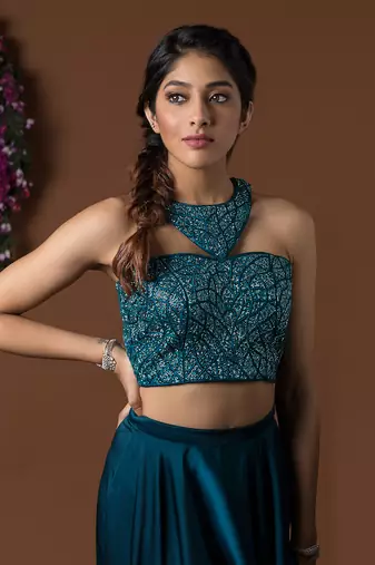Teal Draped Pants & Crop Top Set