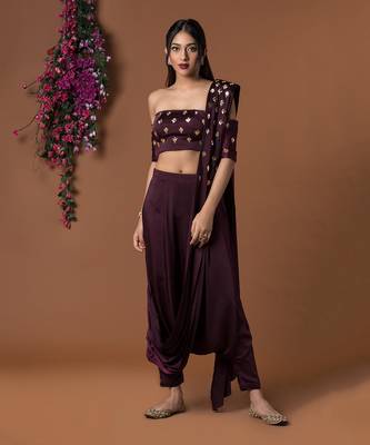Wine Low Crotch Pants Sari Set 1