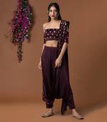 Wine Low Crotch Pants Sari Set